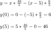 y = x*\frac{46}{5} - (x-5)*\frac{6}{5}\\\\ y(0) = 0 - (-5)*\frac{6}{5} = 6\\\\ y(5) = 5*\frac{46}{5} - 0 = 46