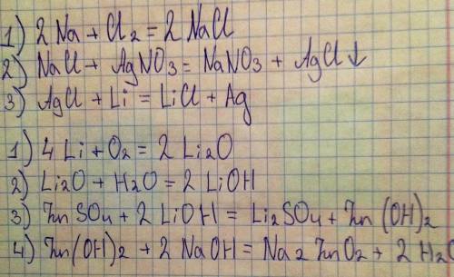 Осуществите цепочку превращений 1)na-nacl-agcl-ag 2) li-li2o-lioh-zn(oh)2-na2zno2