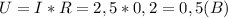 U=I*R=2,5*0,2=0,5(B)