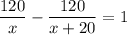 \displaystyle \frac{120}{x}- \frac{120}{x+20}=1&#10;&#10;