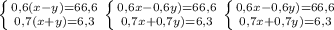 \left \{ {{0,6(x-y)=66,6} \atop {0,7(x+y)=6,3}} \right. \left \{ {{0,6x-0,6y)=66,6} \atop {0,7x+0,7y)=6,3}} \right. \left \{ {{0,6x-0,6y)=66,6} \atop {0,7x+0,7y)=6,3}} \right.