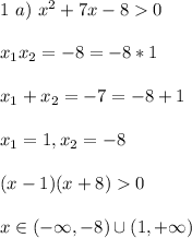 1 \ a) \ x^2+7x-8 0\\\\x_1x_2 = -8 = -8*1\\\\ x_1+x_2 = -7 = -8 + 1\\\\ x_1 = 1, x_2 = -8\\\\ (x-1)(x+8) 0\\\\ x \in (-\infty,-8) \cup (1,+\infty)