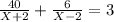 \frac{40}{X+2}+\frac{6}{X-2}=3