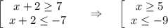 \left[\begin{array}{ccc}x+2\geq7\\ x+2\leq-7\end{array}\right ~~~\Rightarrow~~~\left[\begin{array}{ccc}x\geq5\\ x\leq-9\end{array}\right