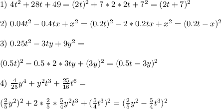 1) \ 4t^2+28t+49 = (2t)^2+7*2*2t+7^2 = (2t+7)^2\\\\ 2) \ 0.04t^2-0.4tx+x^2 = (0.2t)^2-2*0.2tx + x^2 = (0.2t - x)^2\\\\ 3) \ 0.25t^2 - 3ty+9y^2 =\\\\ (0.5t)^2-0.5*2*3ty + (3y)^2 = (0.5t - 3y)^2\\\\ 4) \ \frac{4}{25}y^4+y^2t^3+\frac{25}{16}t^6 =\\\\ (\frac{2}{5}y^2)^2 + 2*\frac{2}{5}*\frac{5}{4}y^2t^3 + (\frac{5}{4}t^3)^2 =(\frac{2}{5}y^2 - \frac{5}{4}t^3)^2