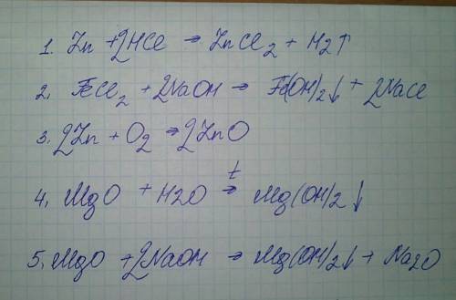 Напишите 5 реакций: zn, hcl, br2, o2, mgo,h2o,fecl2, naoh