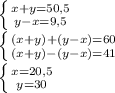 \left \{ {{x+y=50,5} \atop {y-x=9,5}} \right.\\ \left \{ {{(x+y)+(y-x)=60} \atop {(x+y)-(y-x)=41}} \right.\\ \left \{ {{x=20,5} \atop {y=30}} \right.