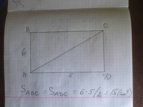 Начертите прямоугольник abcd, соедините отрезок вершины a и c. найдите площади треугольников abc и a