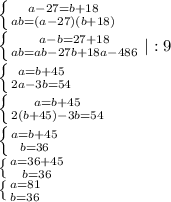 \left \{ {{a - 27 = b + 18} \atop {ab = (a - 27)(b + 18)}} \right.\\\left \{ {{a - b = 27 + 18} \atop {ab = ab- 27b + 18a-486}} \right.| : 9\\\left \{ {{a=b+45} \atop {2a-3b=54}} \right.\\\left \{ {{a=b+45} \atop {2(b+45)-3b=54}} \right.\\\left \{ {{a=b+45} \atop {b=36}} \right.\\\left \{ {{a=36+45} \atop {b=36}} \right.\\\left \{ {{a=81} \atop {b=36}} \right.