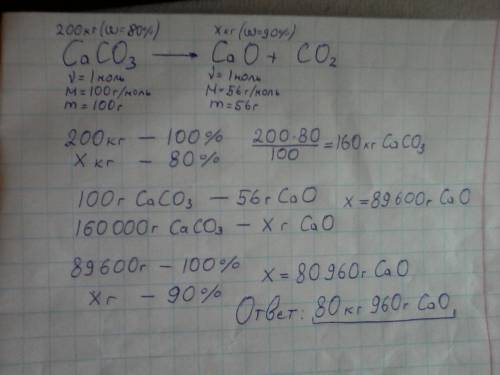 Негашеную известь cao получают обжигом известняка caco3 в специальных печах. какую массу негашеной и
