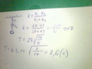 Шар массой 3 кг висит на двух пружинах соедененных последовательно. жесткость пружин 28 и 43 н/м. на
