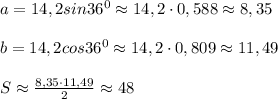 a=14,2sin36^0\approx14,2\cdot0,588\approx8,35\\\\b=14,2cos36^0\approx14,2\cdot0,809\approx11,49\\\\S\approx\frac{8,35\cdot11,49}{2}\approx48