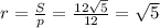 r=\frac{S}{p}=\frac{12\sqrt{5}}{12}=\sqrt{5}