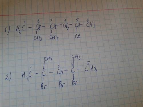 Написать формулы по названию : 1) 2,3 -этил 5 хлоргексан; 2) 2,3,4, -трибром -2,4-диметилпентан