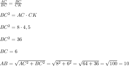 \frac{AC}{BC}=\frac{BC}{CK}\\\\BC^2=AC\cdot CK\\\\BC^2=8\cdot4,5\\\\BC^2=36\\\\BC=6\\\\AB=\sqrt{AC^2+BC^2}=\sqrt{8^2+6^2}=\sqrt{64+36}=\sqrt{100}=10