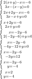 \left \{ {{2(x+y)-x=-6} \atop {3x-(x-y)=0}} \right.\\\left \{ {{2x+2y-x=-6} \atop {3x-x+y=0}} \right.\\\left \{ {{x+2y=-6} \atop {2x+y=0}} \right.\\\left \{ {{x=-2y-6} \atop {2(-2y-6)+y=0}} \right.\\\left \{ {{x=-2y-6} \atop {-4y-12+y=0}} \right.\\\left \{ {{x=-2y-6} \atop {-3y=12}} \right.\\\left \{ {{x=-2y-6} \atop {y=-4}} \right.\\\left \{ {{x=2} \atop {y=-4}} \right.\\