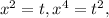 x^2=t, x^4=t^2,