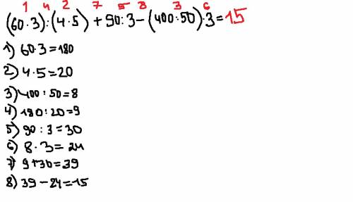 Составь программу действий и вычисли (60*3): (4*5)+90: 3-(400: 50)*3