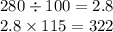 280 \div 100 = 2.8 \\ 2.8 \times 115 = 322