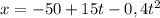 x=-50+15t-0,4t^2