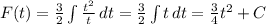 F(t)=\frac{3}{2}\int{\frac{t^2}{t}\, dt=\frac{3}{2}\int{t}\, dt=\frac{3}{4}t^2+C