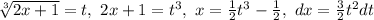 \sqrt[3]{2x+1}}=t,\ 2x+1=t^3,\ x=\frac{1}{2}t^3-\frac{1}{2},\ dx=\frac{3}{2}t^2dt