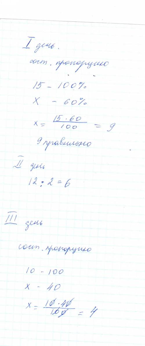 Буратино в первый день решил 15 примеров, из них только 40% правильно. во второй день он решил 12 пр