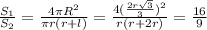 \frac{S_1}{S_2}=\frac{4\pi R^2}{\pi r(r+l)}=\frac{4(\frac{2r\sqrt3}{3})^2}{r(r+2r)}=\frac{16}{9}