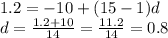 1.2=-10+(15-1)d\\d=\frac{1.2+10}{14}=\frac{11.2}{14}=0.8