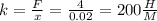 k=\frac{F}{x}=\frac{4}{0.02}=200\frac{H}{M}