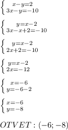 \left \{ {{x-y=2} \atop {3x-y=-10}} \right.\\\\\left \{ {{y=x-2} \atop {3x-x+2=-10}} \right.\\\\\left \{ {{y=x-2} \atop {2x+2=-10}} \right.\\\\\left \{ {{y=x-2} \atop {2x=-12}} \right.\\\\\left \{ {{x=-6} \atop {y=-6-2}} \right.\\\\\left \{ {{x=-6} \atop {y=-8}} \right.\\\\OTVET:(-6;-8)