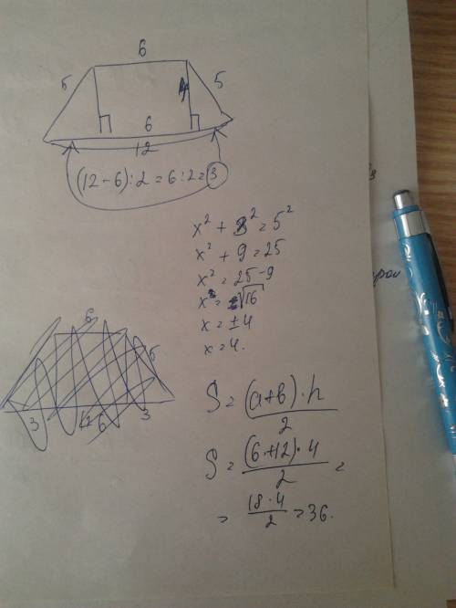 Дана равнобедренная трапеция abcd с основаниями 6 и 12. боковая сторона равна 5. найти площадь.