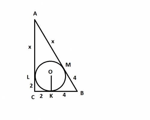 Впрямоугольный треугольник вписана окружность радиусом 2 см так, что один из получившихся отрезков к