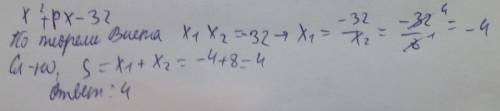 Найдите сумму корней квадратного уравнения x²+px-32=0 если один из корней равен 8