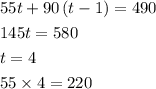 \[\begin{gathered} 55t + 90\left( {t - 1} \right) = 490 \hfill \\ 145t = 580 \hfill \\ t = 4 \hfill \\ 55 \times 4 = 220 \hfill \\ \end{gathered} \]