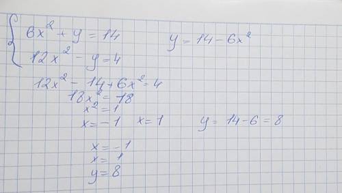 Решить систему 6 х^2+ у = 14 сверху 12 х^2 - у = 4 снизу