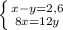 \left \{ {{x-y=2,6} \atop {8x=12y}} \right.