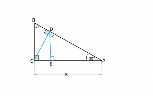 Впрямоугольном треугольнике abc угол с= 90 градусам. угол а=30 градусам. ас= 10 см. сd перпендикуляр