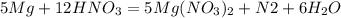 5Mg + 12HNO_3 = 5Mg(NO_3)_2 + N2 + 6H_2O