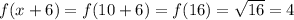 f(x+6)=f(10+6)=f(16)=\sqrt{16}=4