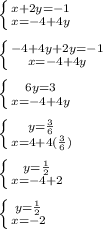 \left \{ {x + 2y = -1} \atop {x = -4 + 4y}} \right.\\\\ \left \{ {-4 + 4y + 2y = -1} \atop {x = -4 + 4y}} \right.\\\\ \left \{ {6y = 3} \atop {x = -4 + 4y}} \right.\\\\ \left \{ {y = \frac{3}{6}} \atop {x = 4 + 4(\frac{3}{6})}} \right.\\\\\ \left \{ {y = \frac{1}{2}} \atop {x = -4 + 2}} \right.\\\\ \left \{ {y = \frac{1}{2}} \atop {x = -2}} \right.