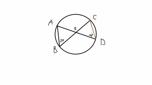 Вокружности с центром в точке о проведены диаметры ad и вс, угол аво равен 30 градусам. найдите вели