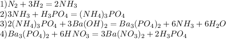 1)N_2+3H_2=2NH_3\\2)3NH_3+H_3PO_4=(NH_4)_3PO_4\\3)2(NH_4)_3PO_4+3Ba(OH)_2=Ba_3(PO_4)_2+6NH_3+6H_2O\\4)Ba_3(PO_4)_2+6HNO_3=3Ba(NO_3)_2+2H_3PO_4