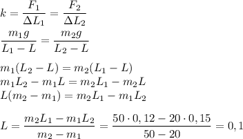 k=\dfrac{F_1}{\Delta L_1}=\dfrac{F_2}{\Delta L_2}\\\\\dfrac{m_1g}{L_1-L}=\dfrac{m_2g}{L_2-L}\\\\m_1(L_2-L)=m_2(L_1-L)\\m_1L_2-m_1L=m_2L_1-m_2L\\L(m_2-m_1)=m_2L_1-m_1L_2\\\\L=\dfrac{m_2L_1-m_1L_2}{m_2-m_1}=\dfrac{50\cdot0,12-20\cdot 0,15}{50-20}=0,1