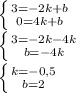 \left \{ {{3=-2k+b} \atop {0=4k+b}} \right.\\ \left \{ {{3=-2k-4k} \atop {b=-4k}} \right.\\ \left \{ {{k=-0,5} \atop {b=2}} \right.\\