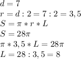 d=7\\ r=d:2=7:2=3,5\\S=\pi*r*L\\ S=28\pi\\\pi*3,5*L=28\pi\\L=28:3,5=8