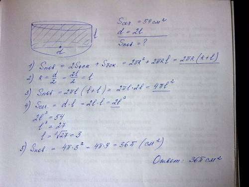 Площадь осевого сечения цилиндра равна 54 см в квадрате.а его образующая в 2 раза меньше диаметра ос