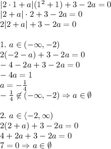 \\|2\cdot1+a|(1^2+1)+3-2a=0\\ |2+a|\cdot2+3-2a=0\\ 2|2+a|+3-2a=0\\\\ 1.\ a\in(-\infty,-2)\\ 2(-2-a)+3-2a=0\\ -4-2a+3-2a=0\\ -4a=1\\ a=-\frac{1}{4}\\ -\frac{1}{4}\not\in(-\infty,-2)\Rightarrow a\in\emptyset\\\\ 2.\ a\in\langle-2, \infty)\\ 2(2+a)+3-2a=0\\ 4+2a+3-2a=0\\ 7=0\Rightarrow a\in\emptyset