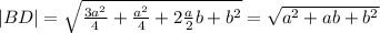 |BD|=\sqrt{\frac{3a^2}{4}+\frac{a^2}{4}+2\frac{a}{2}b+b^2}=\sqrt{a^2+ab+b^2}