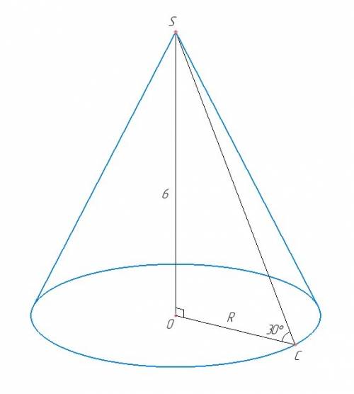 Обчисліть об'єм конуса, висота якого дорівнює 6 см.а твірна нахилена до площини основи під кутом 30.